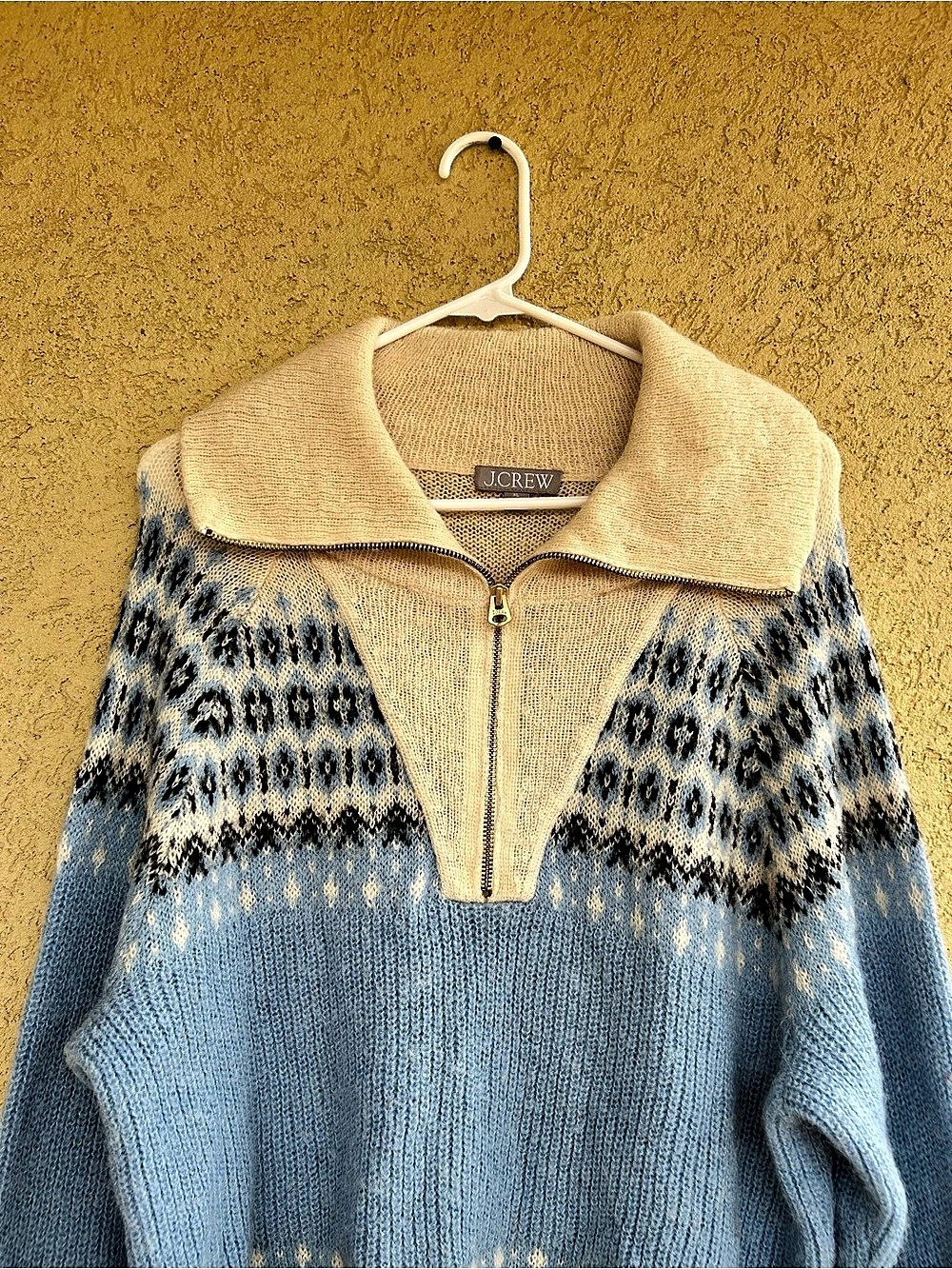 J.Crew Quarter Zip Alpaca Sweater Blue & Cream Size XL - Picture 2 of 4